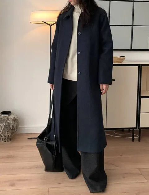 Solid Loose Elegant Wool Lapel Long Sleeve Long Coat