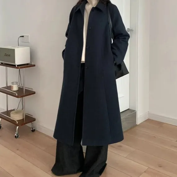 Solid Loose Elegant Wool Lapel Long Sleeve Long Coat