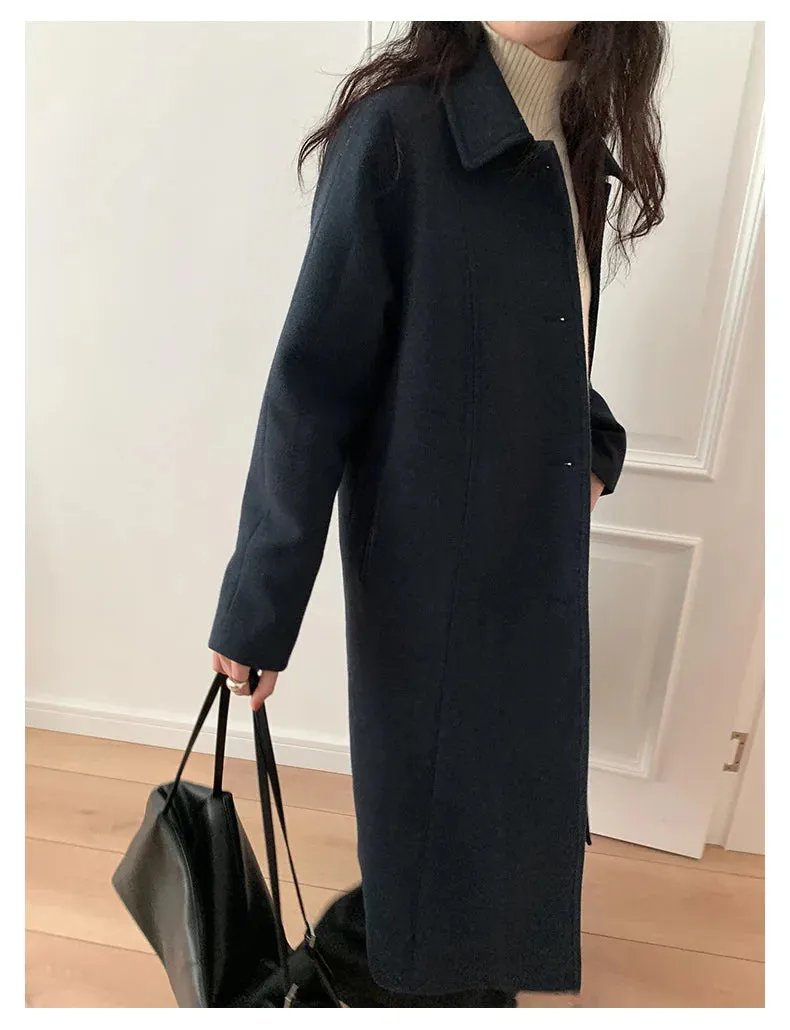 Solid Loose Elegant Wool Lapel Long Sleeve Long Coat