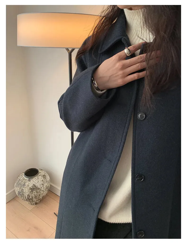 Solid Loose Elegant Wool Lapel Long Sleeve Long Coat