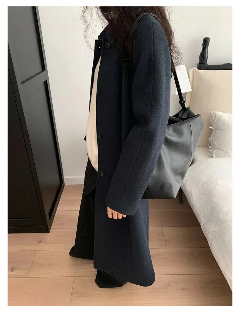 Solid Loose Elegant Wool Lapel Long Sleeve Long Coat