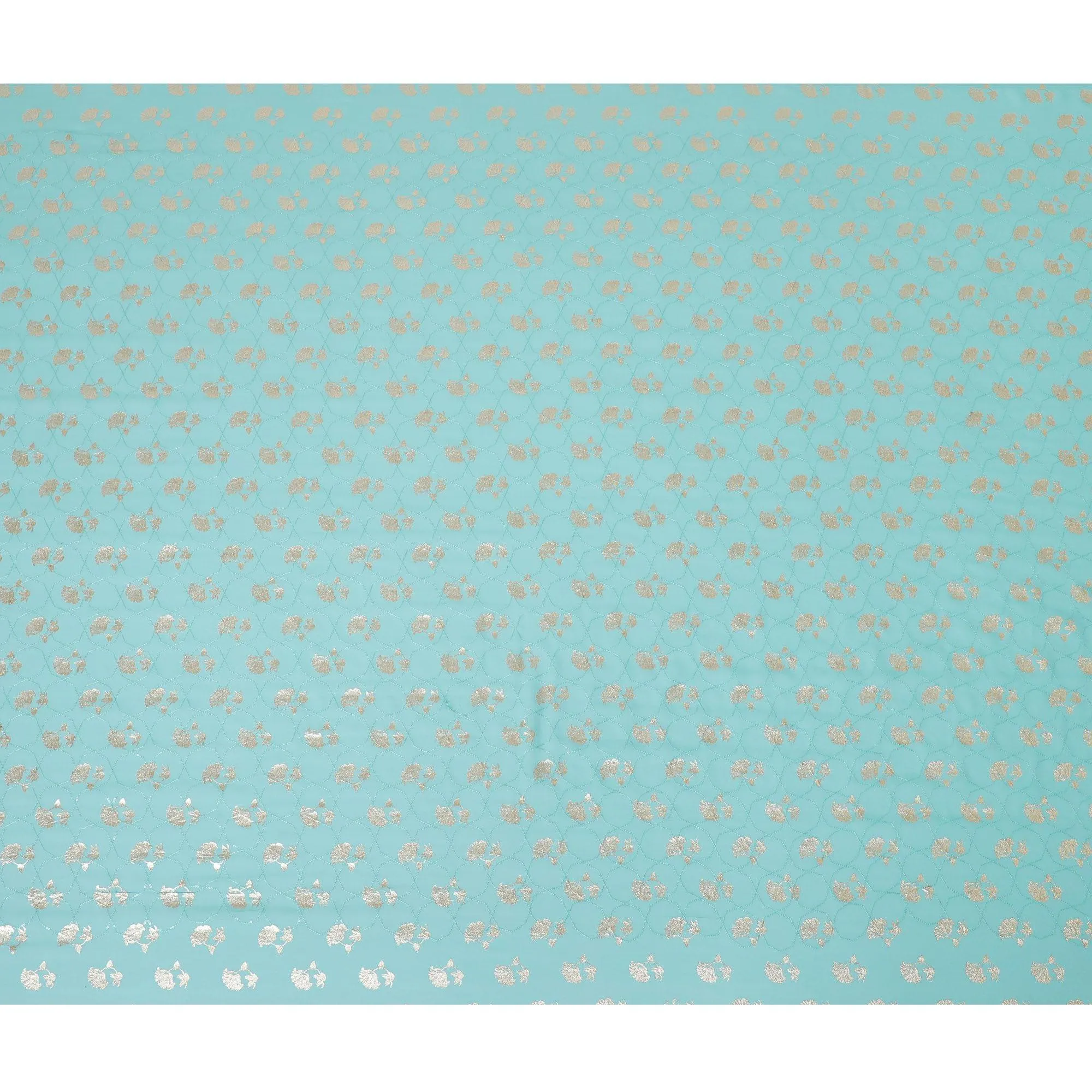 Tiffany blue synthetic georgette fabric with same tone embroidery having gold foil print in floral design-D12033