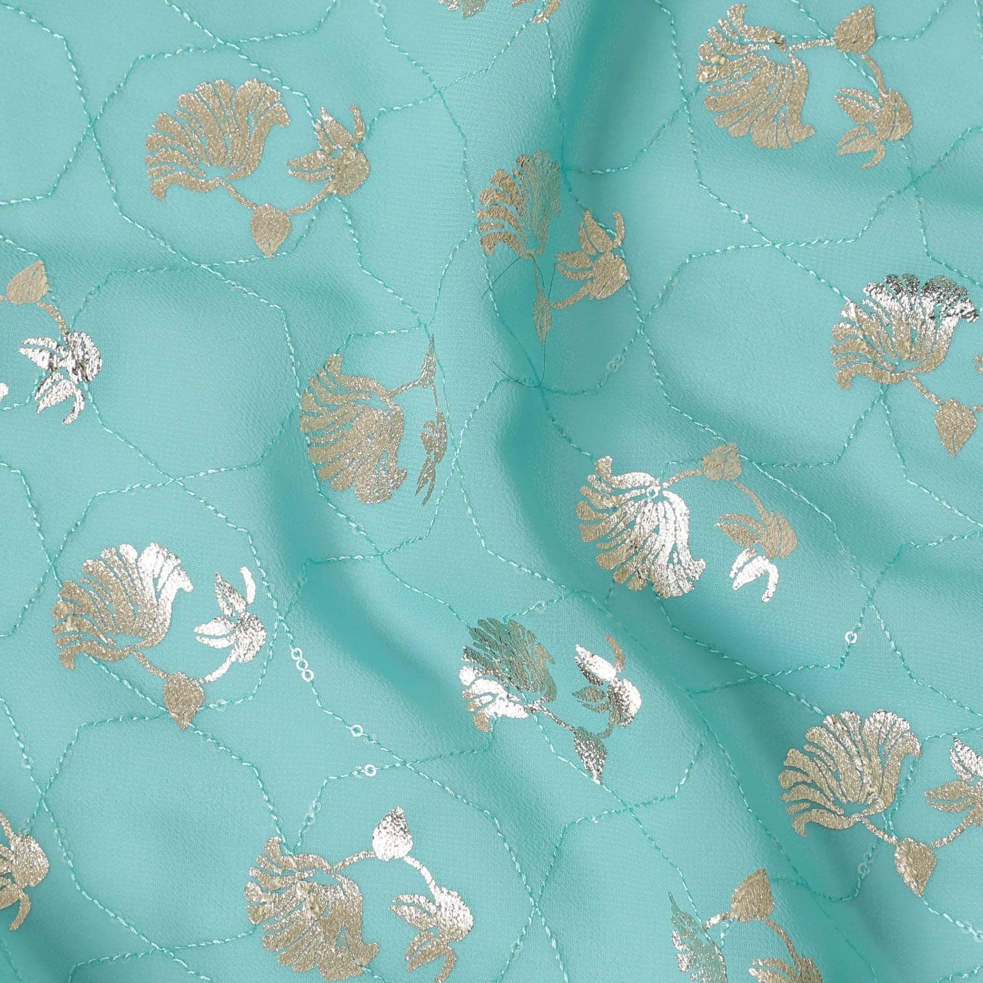 Tiffany blue synthetic georgette fabric with same tone embroidery having gold foil print in floral design-D12033