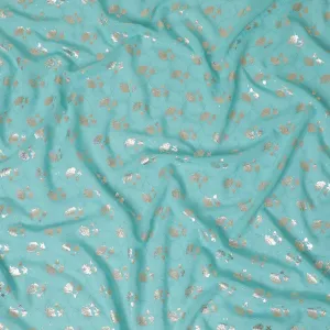 Tiffany blue synthetic georgette fabric with same tone embroidery having gold foil print in floral design-D12033