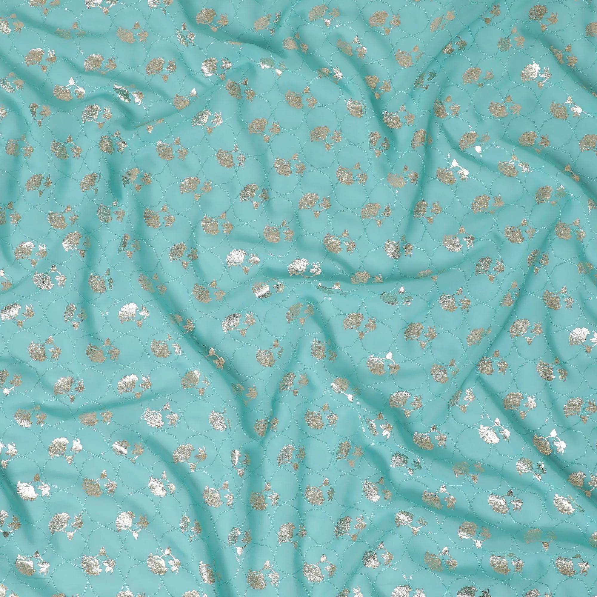Tiffany blue synthetic georgette fabric with same tone embroidery having gold foil print in floral design-D12033