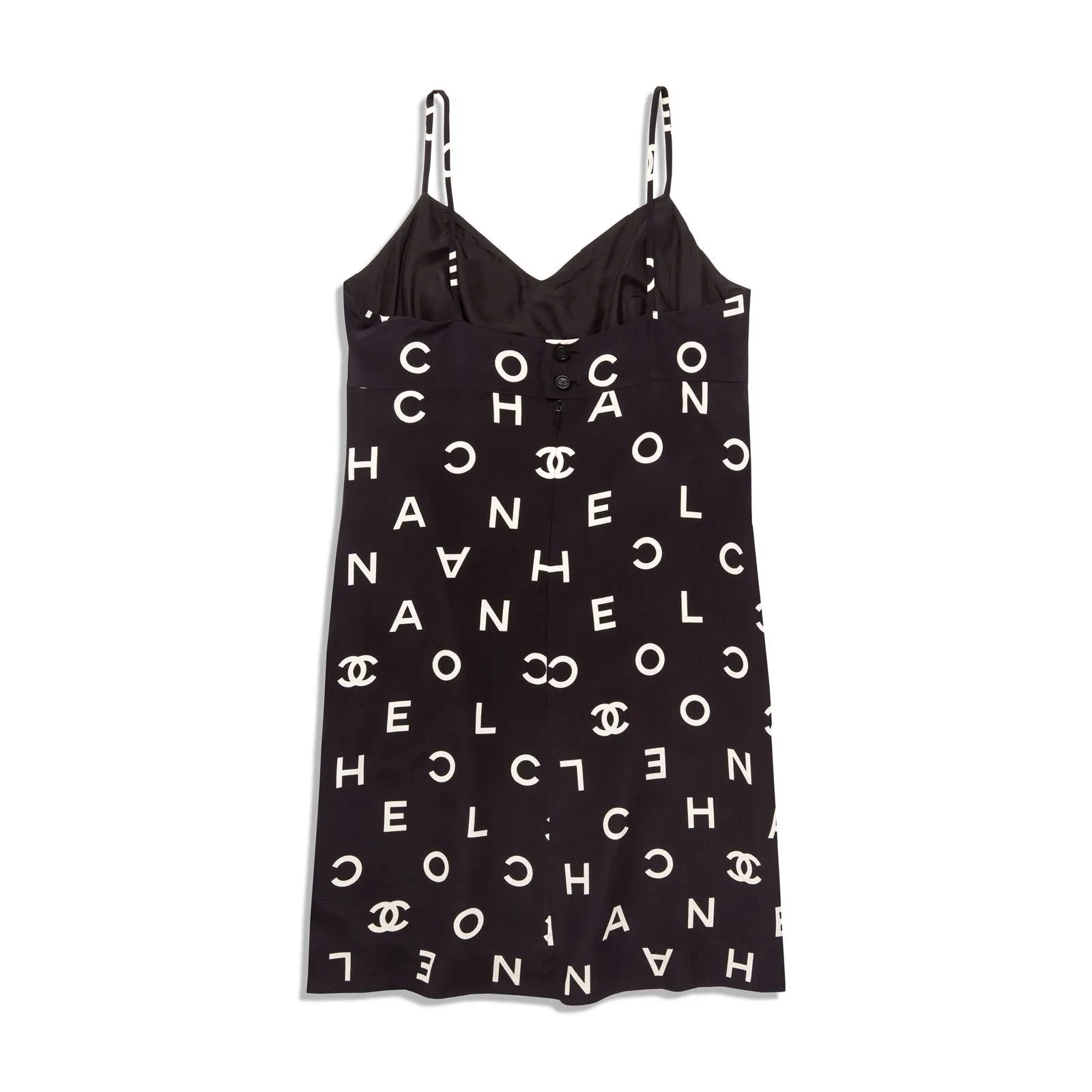 Vintage Chanel 1997 Runway Alpha Logo Coco Print Slip Dress and Jacket Set
