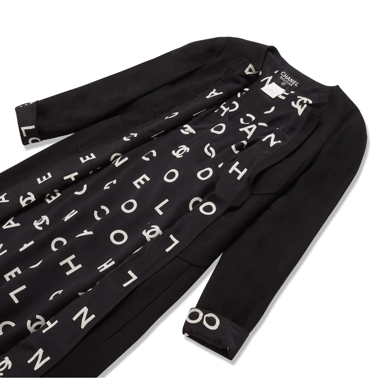 Vintage Chanel 1997 Runway Alpha Logo Coco Print Slip Dress and Jacket Set