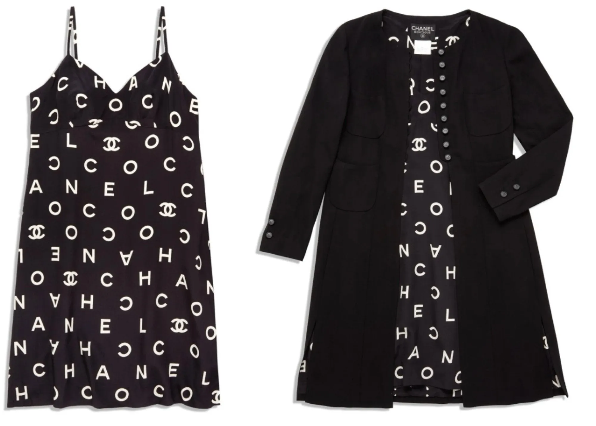 Vintage Chanel 1997 Runway Alpha Logo Coco Print Slip Dress and Jacket Set