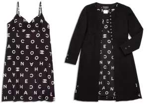 Vintage Chanel 1997 Runway Alpha Logo Coco Print Slip Dress and Jacket Set