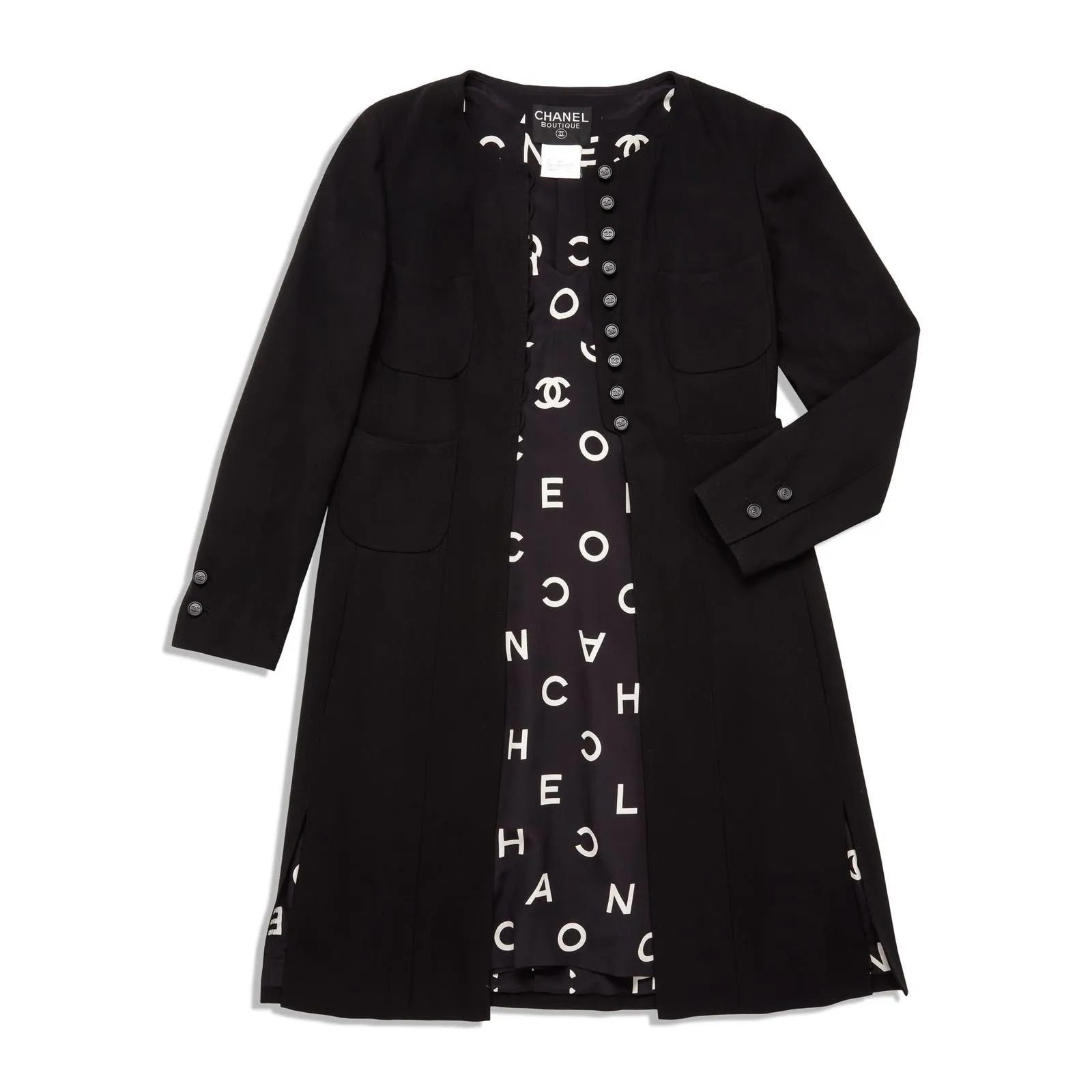 Vintage Chanel 1997 Runway Alpha Logo Coco Print Slip Dress and Jacket Set