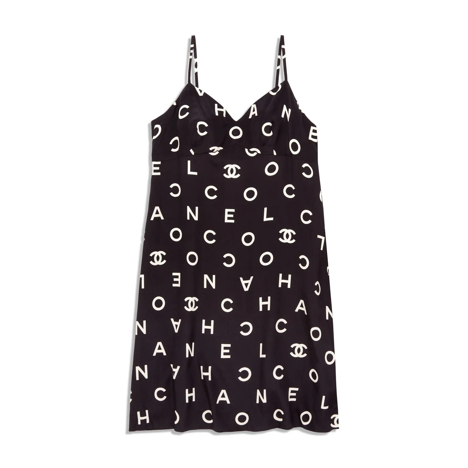 Vintage Chanel 1997 Runway Alpha Logo Coco Print Slip Dress and Jacket Set