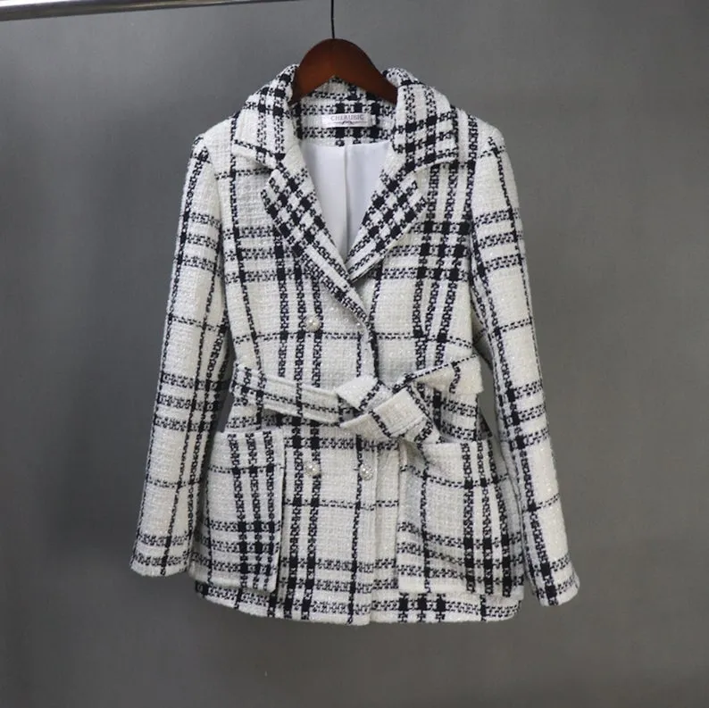 White And Black Tweed Checked Double Breasted Coat for Winter With Pearl Buttons