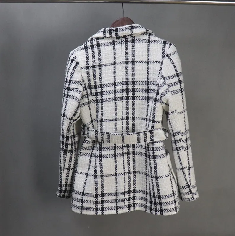 White And Black Tweed Checked Double Breasted Coat for Winter With Pearl Buttons