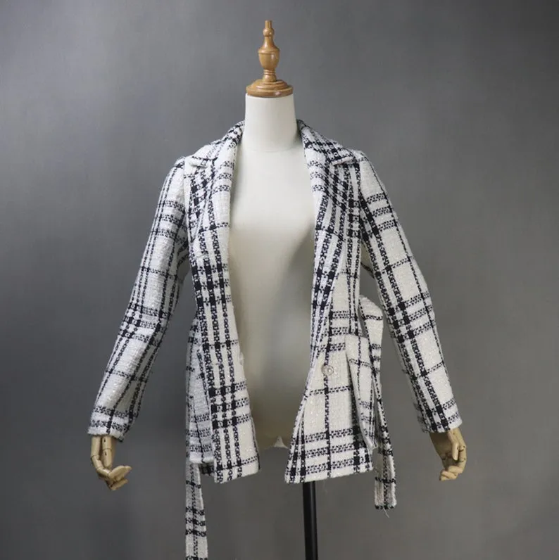 White And Black Tweed Checked Double Breasted Coat for Winter With Pearl Buttons