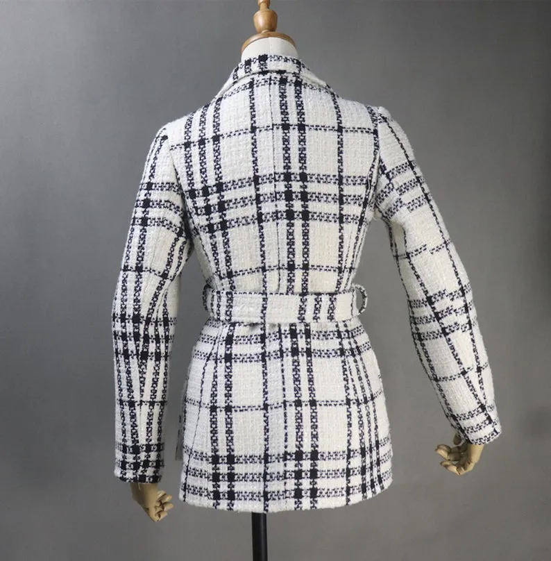 White And Black Tweed Checked Double Breasted Coat for Winter With Pearl Buttons