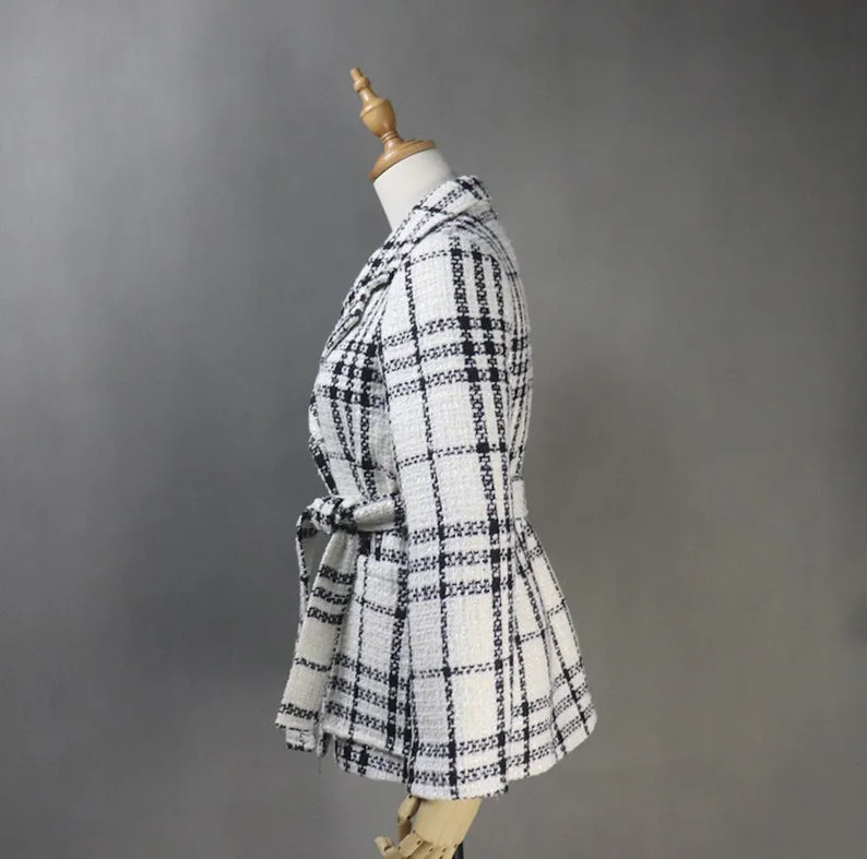 White And Black Tweed Checked Double Breasted Coat for Winter With Pearl Buttons