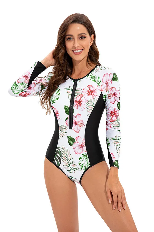 White Long Sleeve Floral Print Zip UPF50  Rash Guard