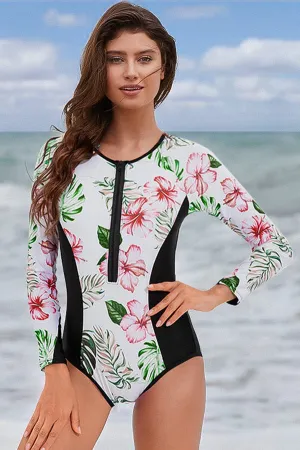 White Long Sleeve Floral Print Zip UPF50  Rash Guard