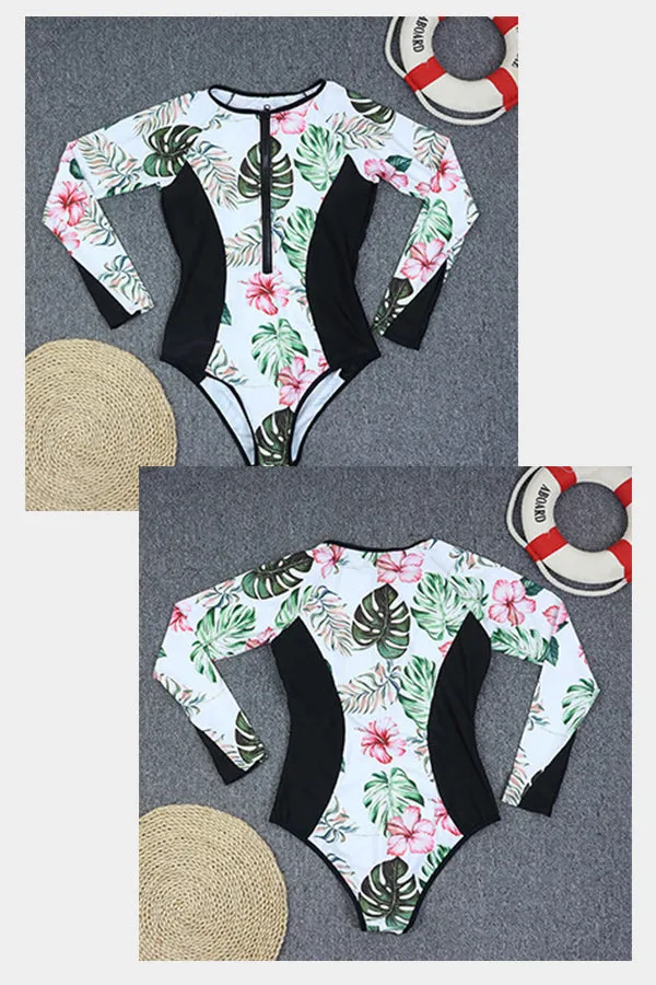 White Long Sleeve Floral Print Zip UPF50  Rash Guard