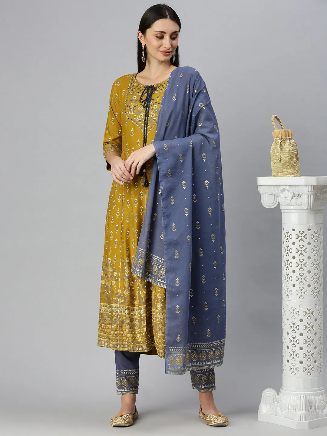 Women Anarkali Mustard Printed Kurta and Trousers Comes with Dupatta