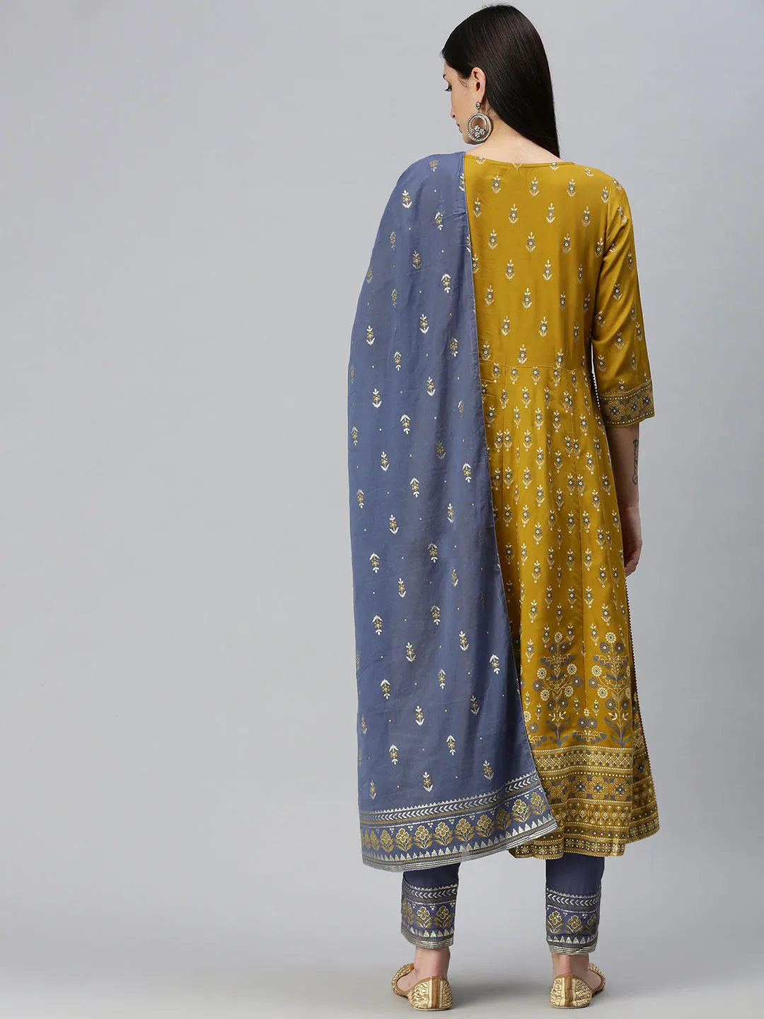 Women Anarkali Mustard Printed Kurta and Trousers Comes with Dupatta