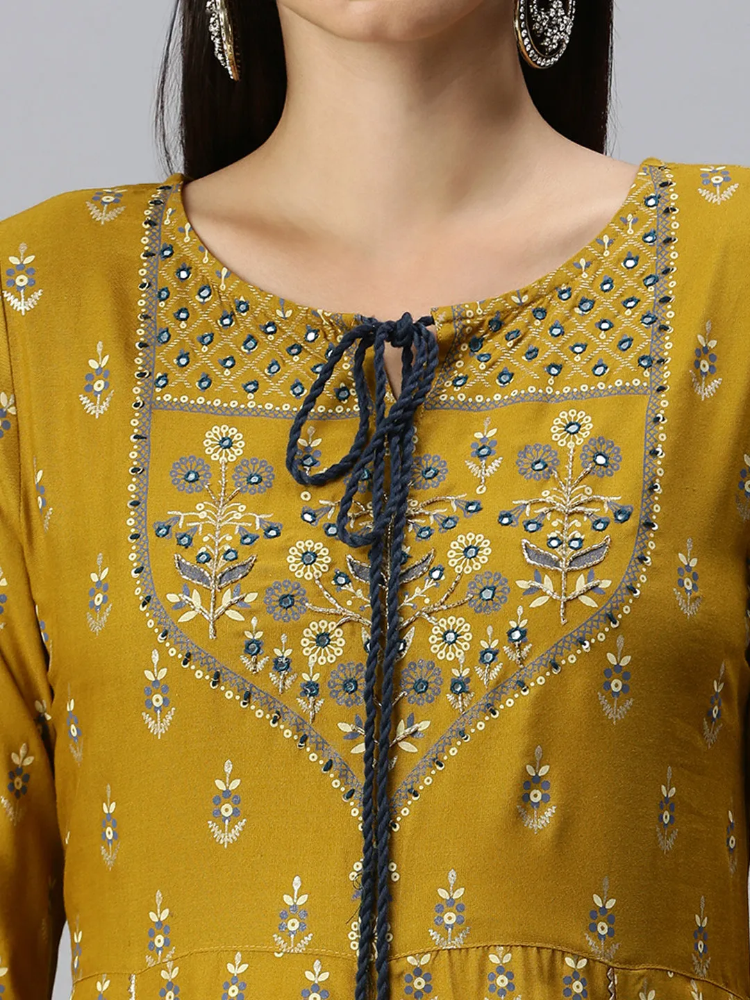 Women Anarkali Mustard Printed Kurta and Trousers Comes with Dupatta