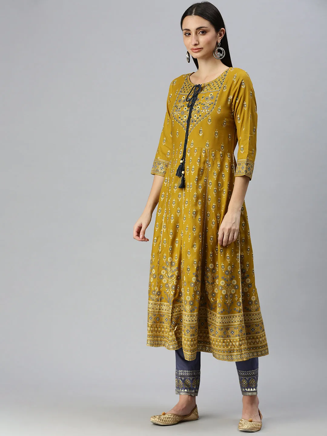 Women Anarkali Mustard Printed Kurta and Trousers Comes with Dupatta