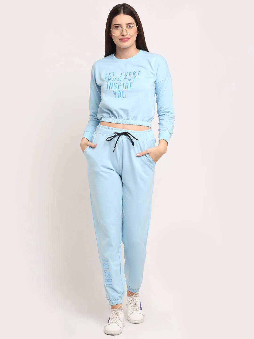 Women Sky Blue Round Neck Full Sleeve Hosiery Solid Tracksuit