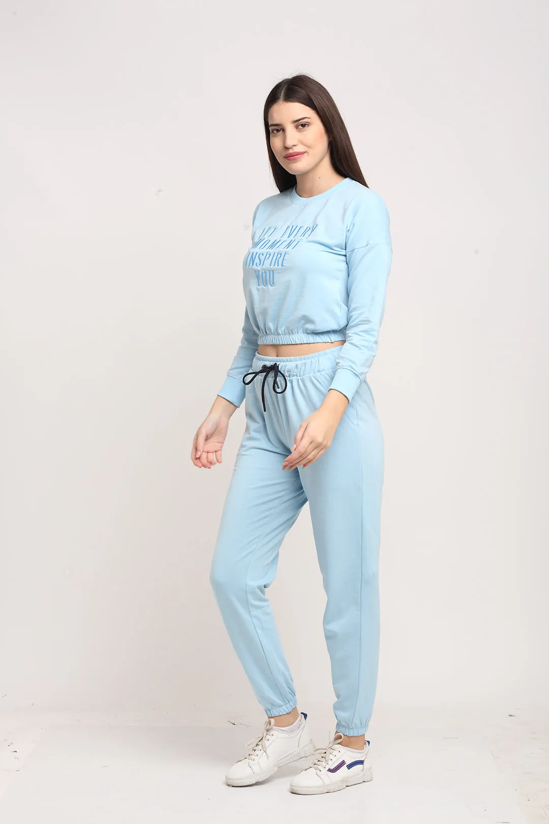 Women Sky Blue Round Neck Full Sleeve Hosiery Solid Tracksuit