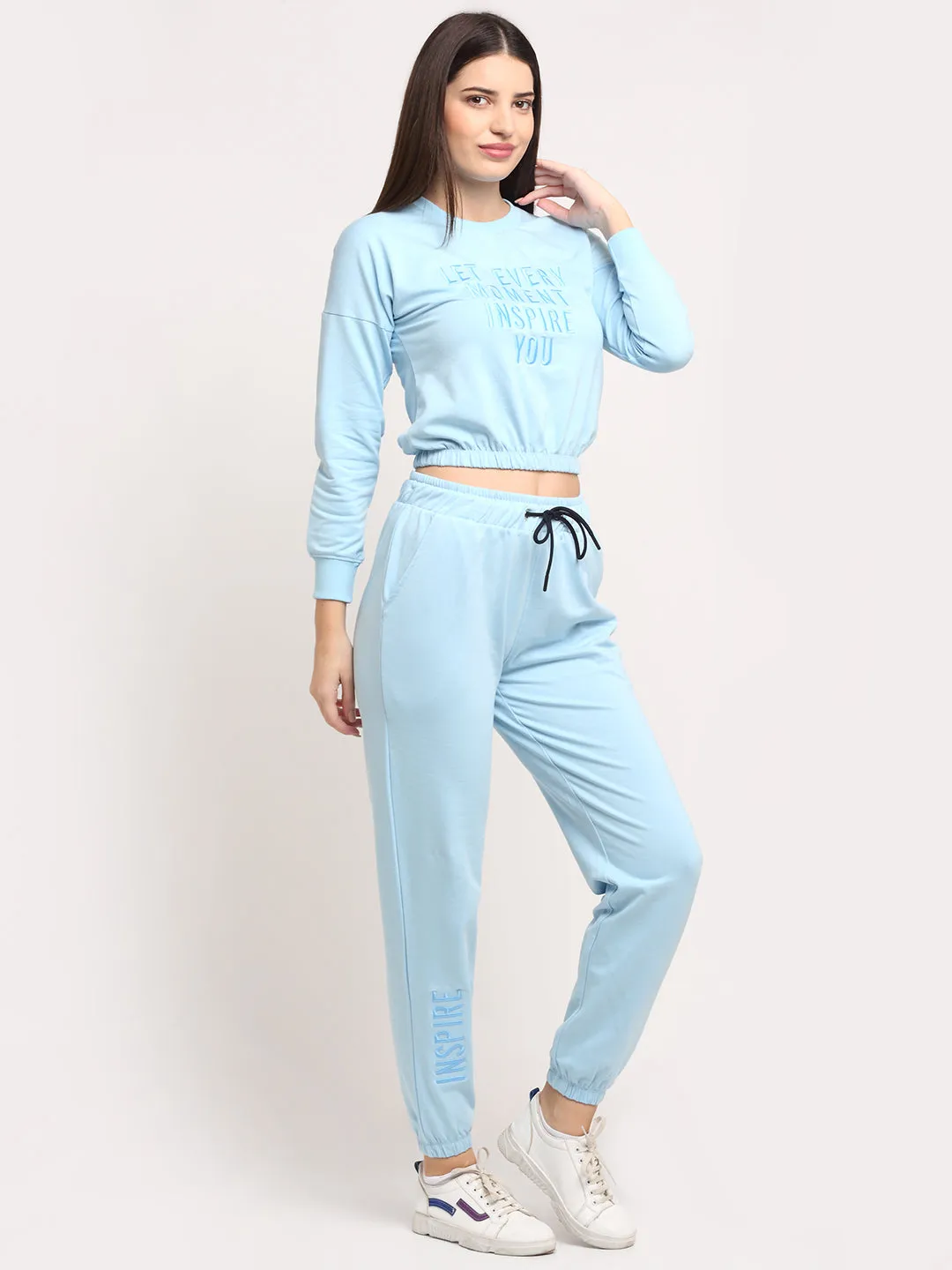 Women Sky Blue Round Neck Full Sleeve Hosiery Solid Tracksuit