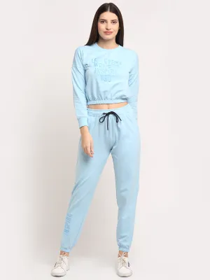 Women Sky Blue Round Neck Full Sleeve Hosiery Solid Tracksuit