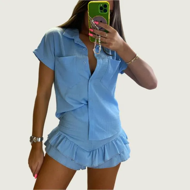 Women’s Casual Button-Down Blouse & Shorts Set – Chic and Relaxed Fit