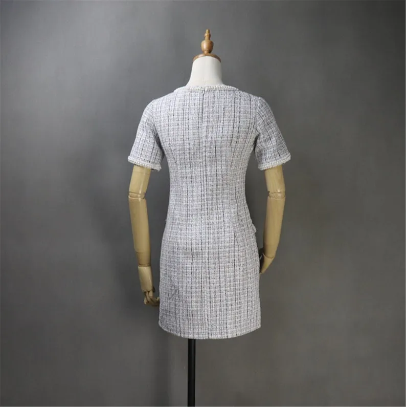 Women's Custom Made Hand Sewn Pearls Fitted Tweed Dress with Pockets