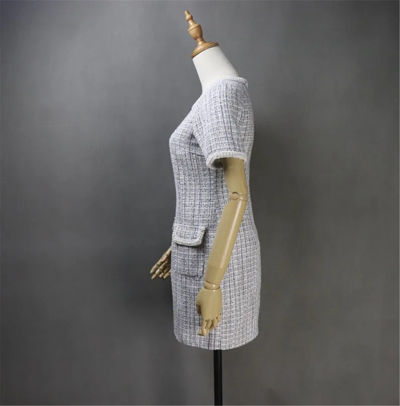 Women's Custom Made Hand Sewn Pearls Fitted Tweed Dress with Pockets