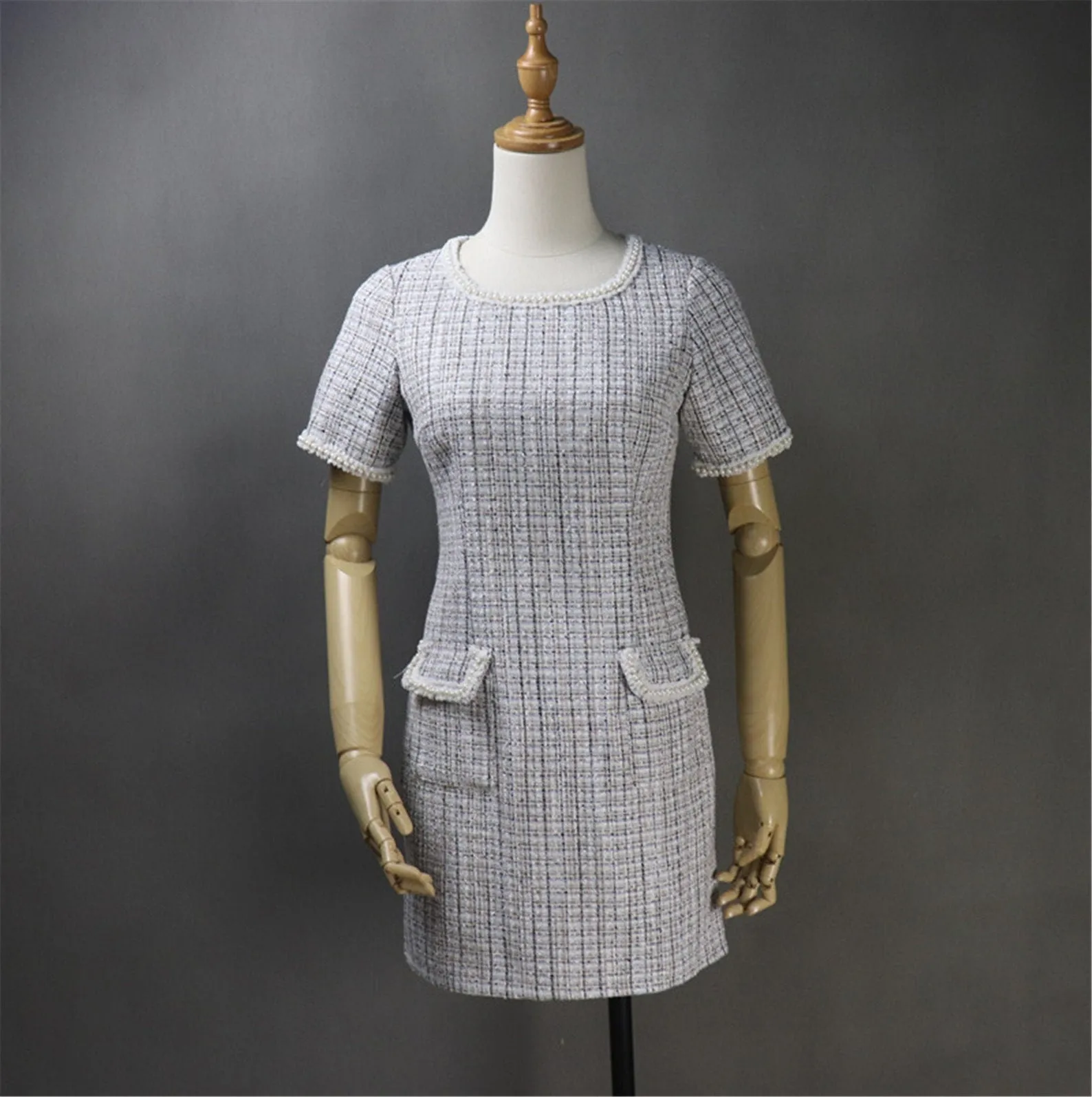 Women's Custom Made Hand Sewn Pearls Fitted Tweed Dress with Pockets