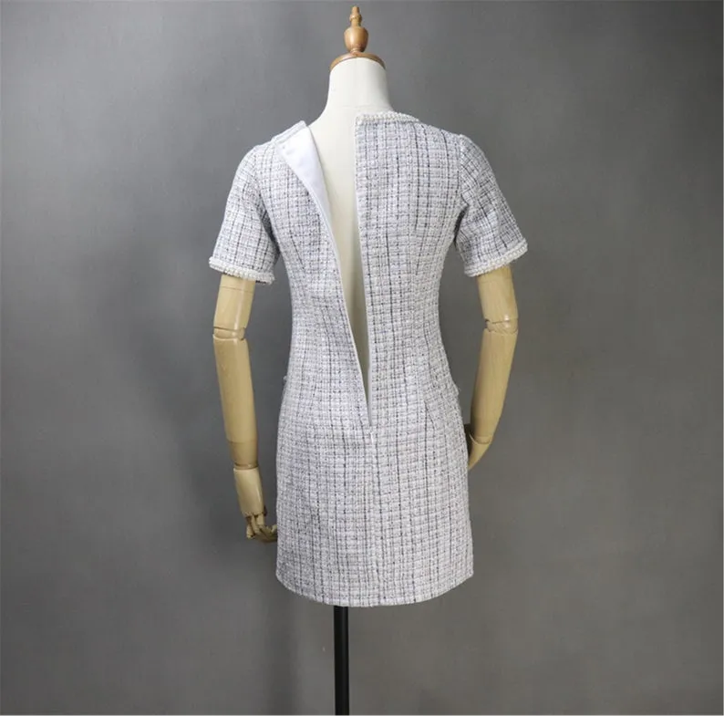 Women's Custom Made Hand Sewn Pearls Fitted Tweed Dress with Pockets