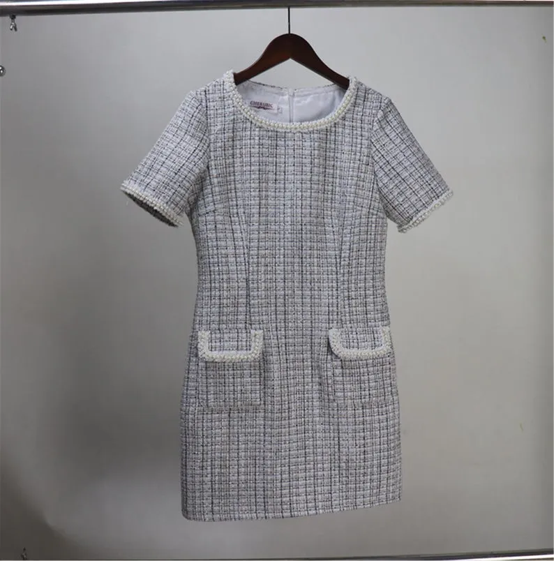 Women's Custom Made Hand Sewn Pearls Fitted Tweed Dress with Pockets