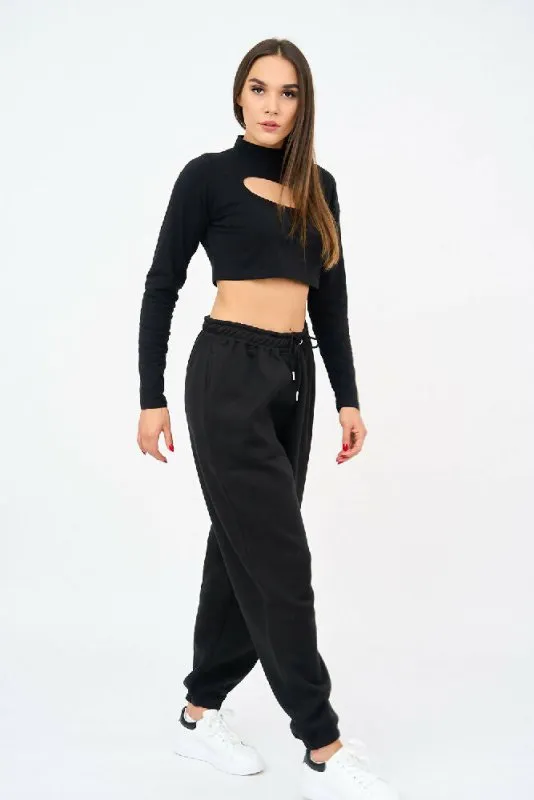 Womens Cut Out Sweat Crop Top And Joggers Set