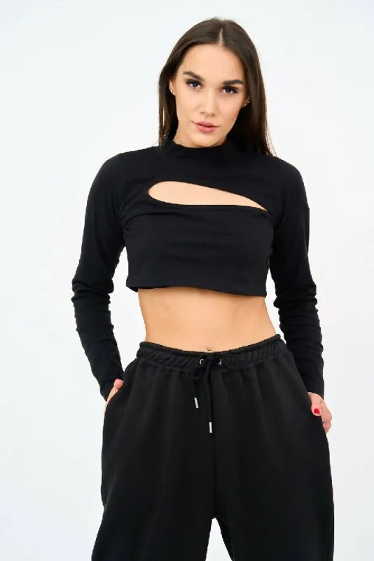 Womens Cut Out Sweat Crop Top And Joggers Set