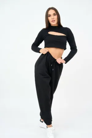 Womens Cut Out Sweat Crop Top And Joggers Set