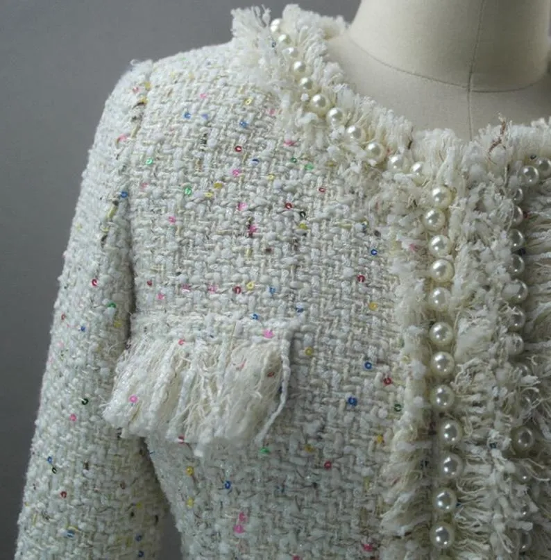 Women's Designer Inspired CUSTOM MADE Tassel Pearl Button Tweed Suit