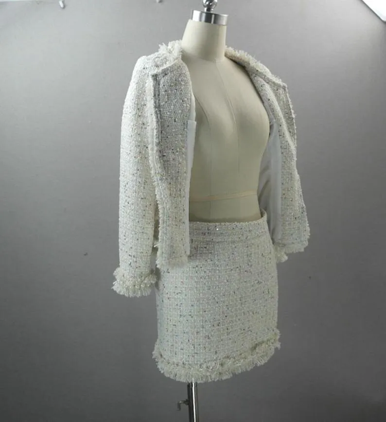 Women's Designer Inspired CUSTOM MADE Tassel Pearl Button Tweed Suit