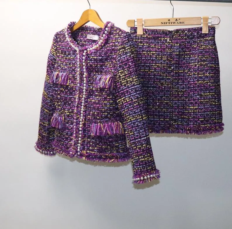 Women's Designer Inspired CUSTOM MADE Tassel Pearl Button Tweed Suit
