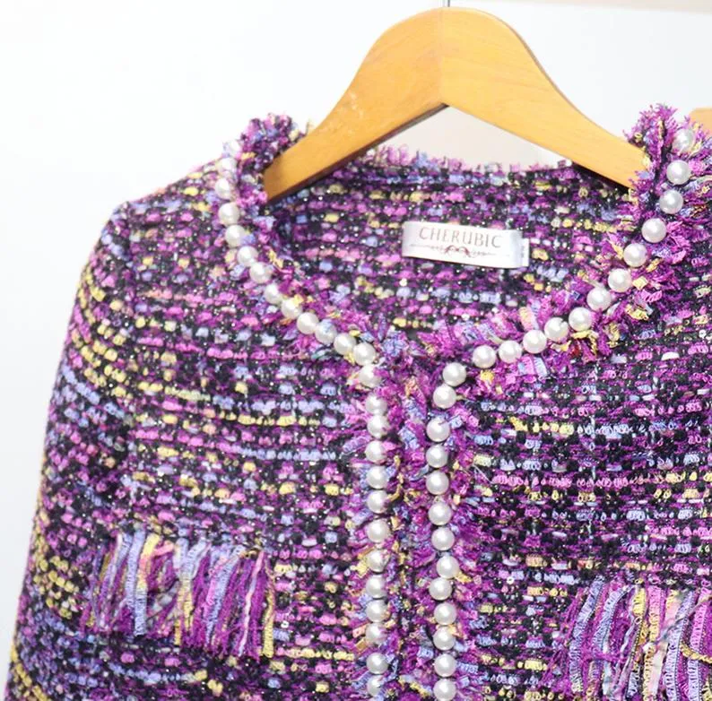 Women's Designer Inspired CUSTOM MADE Tassel Pearl Button Tweed Suit