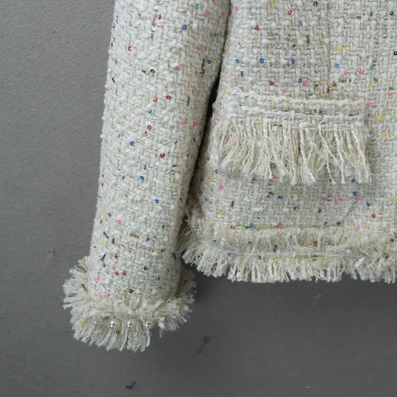 Women's Designer Inspired CUSTOM MADE Tassel Pearl Button Tweed Suit