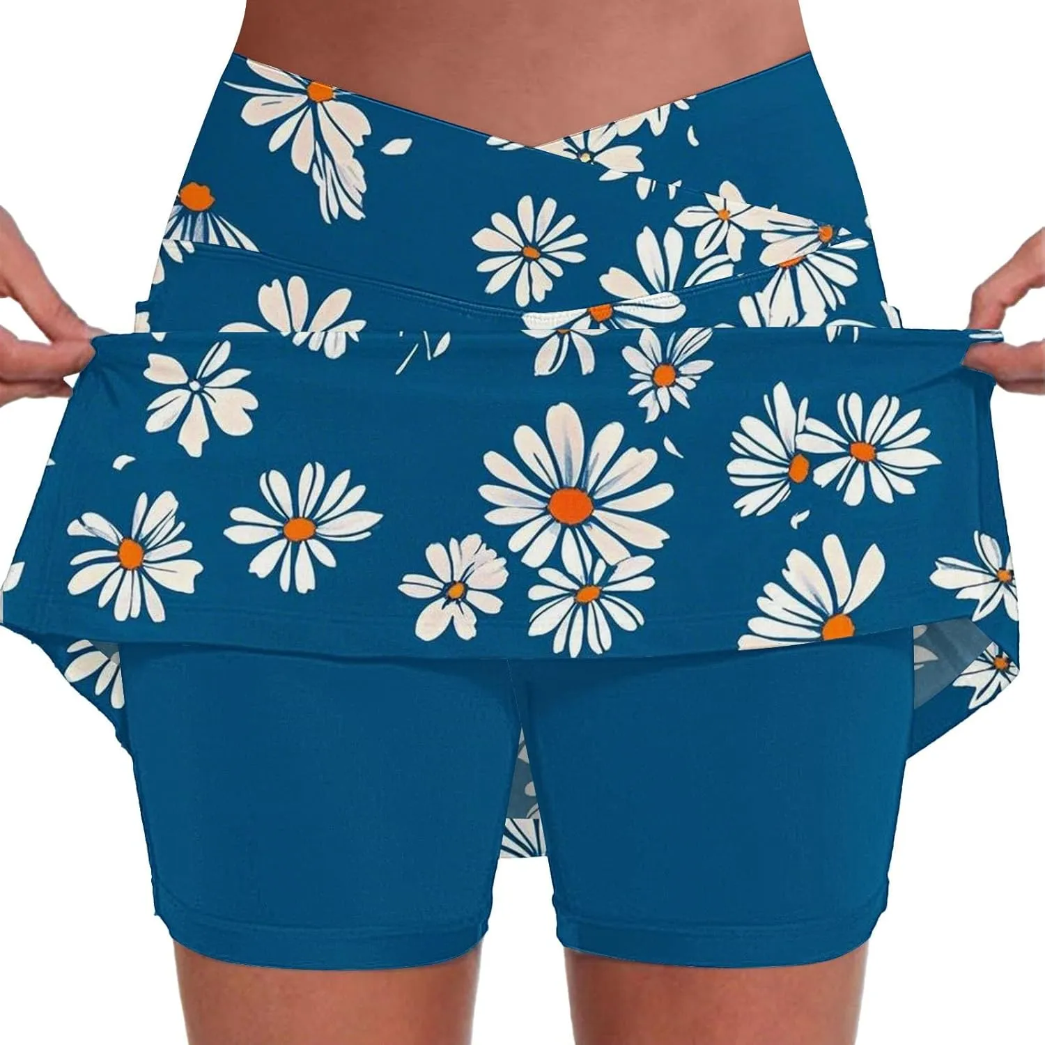 Womens Pleated Tennis Skirts Floral Printed Summer Skinny Pants Mid Waisted Activewear Skirt with Shorts Underneath