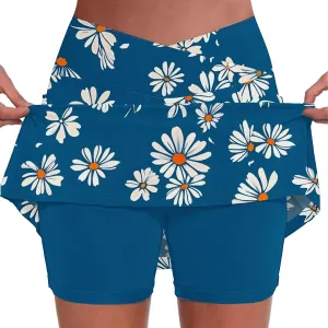 Womens Pleated Tennis Skirts Floral Printed Summer Skinny Pants Mid Waisted Activewear Skirt with Shorts Underneath