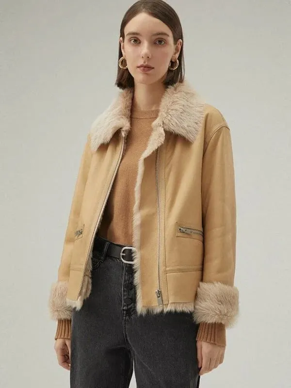 Women's Tan Brown Shearling Bomber Leather Jacket