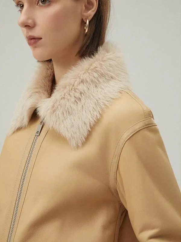 Women's Tan Brown Shearling Bomber Leather Jacket
