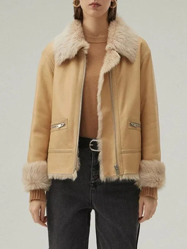 Women's Tan Brown Shearling Bomber Leather Jacket